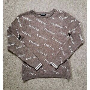 Vintage Y2k Bebe Women's Crewneck Sweater All Over Print Logo Tan Size Med